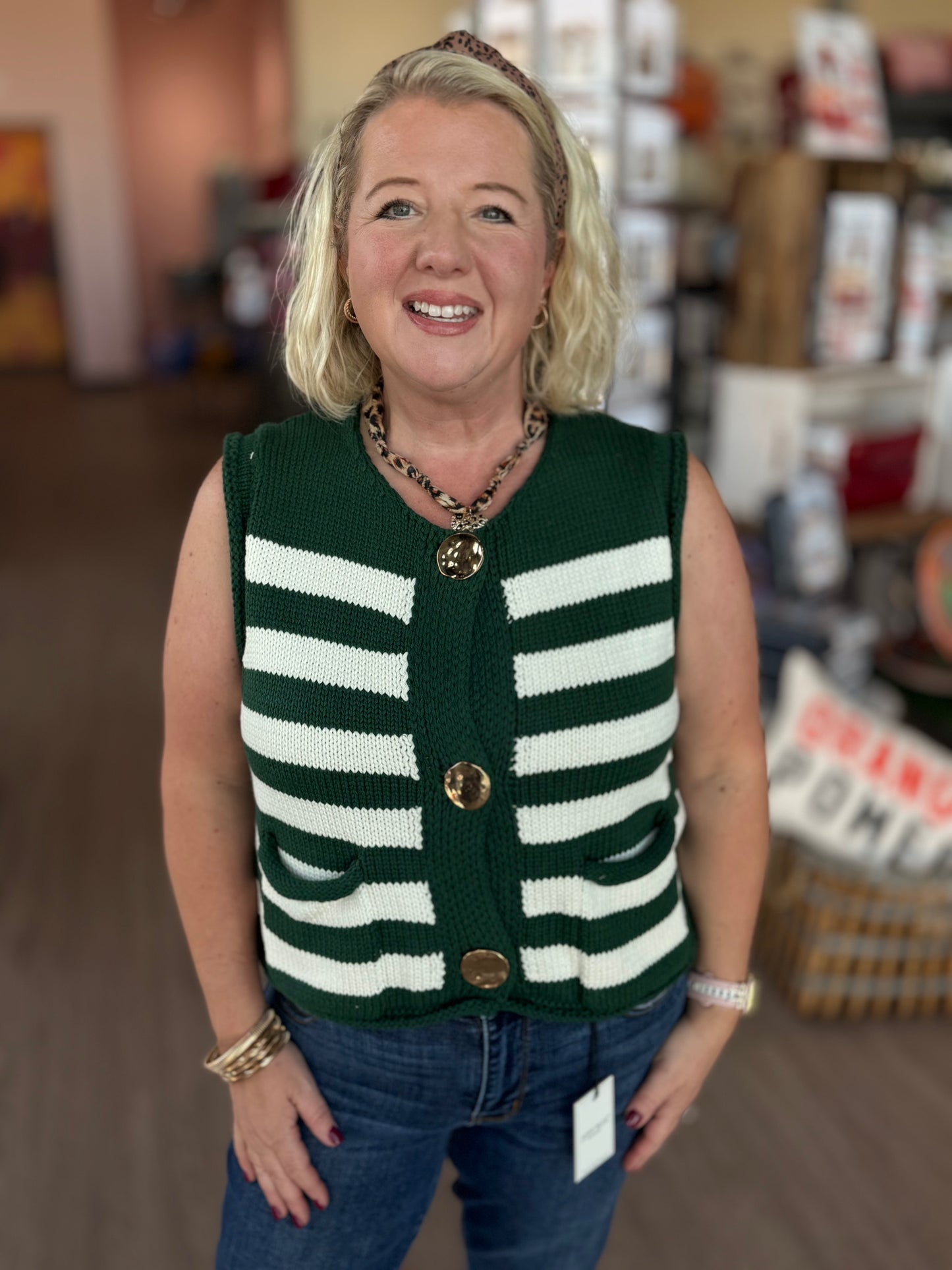 Green Stripe Sweater Vest W/Gold Buttons