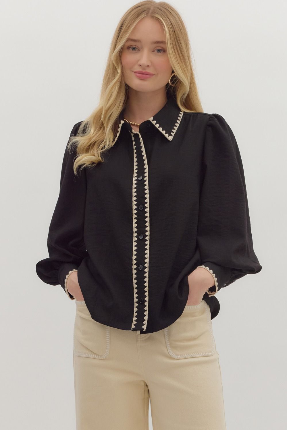 Black Scallop Button Down Top