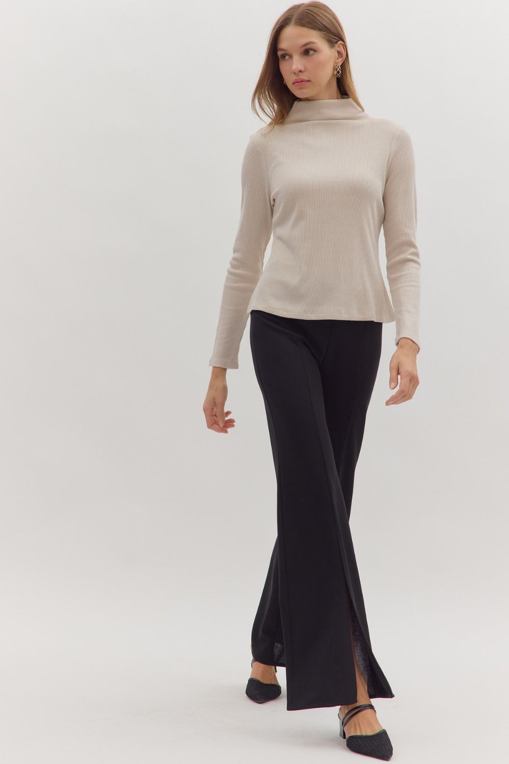 Pearl Ribbed Mock Neck Long Sleeve Top