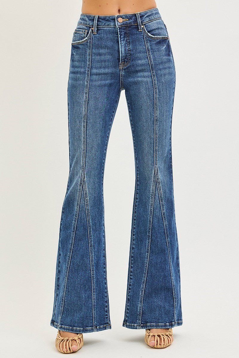 High Rise Flare Jeans w/Front Seam Detail
