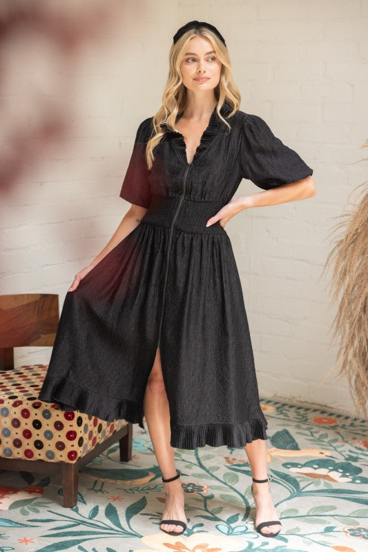Black Smocked Waist Pleated Midi Dress