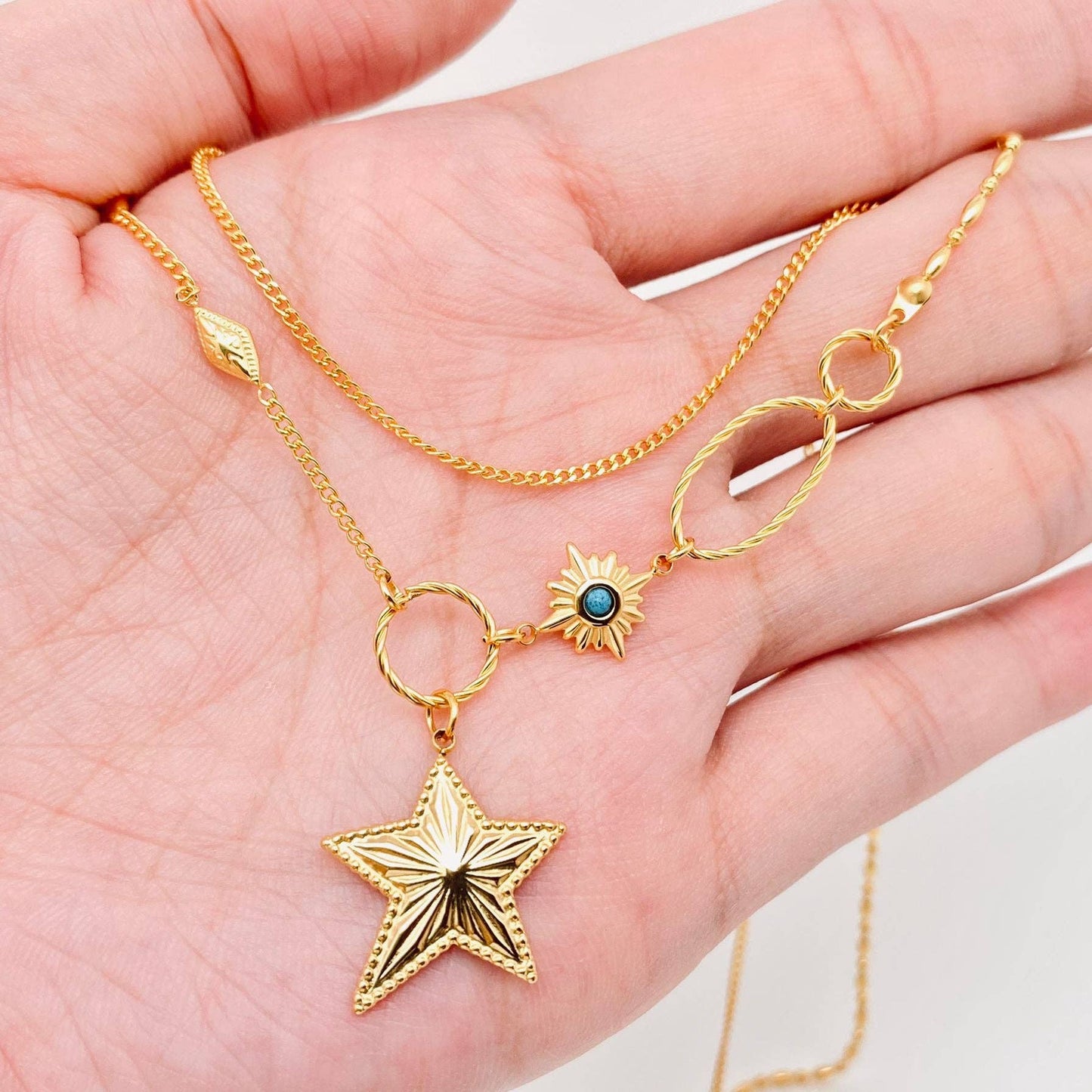 18k Gold Plated Star Charm Double Chain Necklace - FGS/MS
