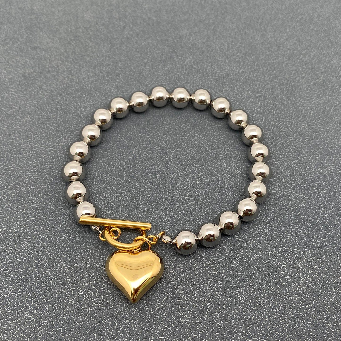 FGS- 18K Gold Plated Heart Charm Steel Color Beaded Bracelet