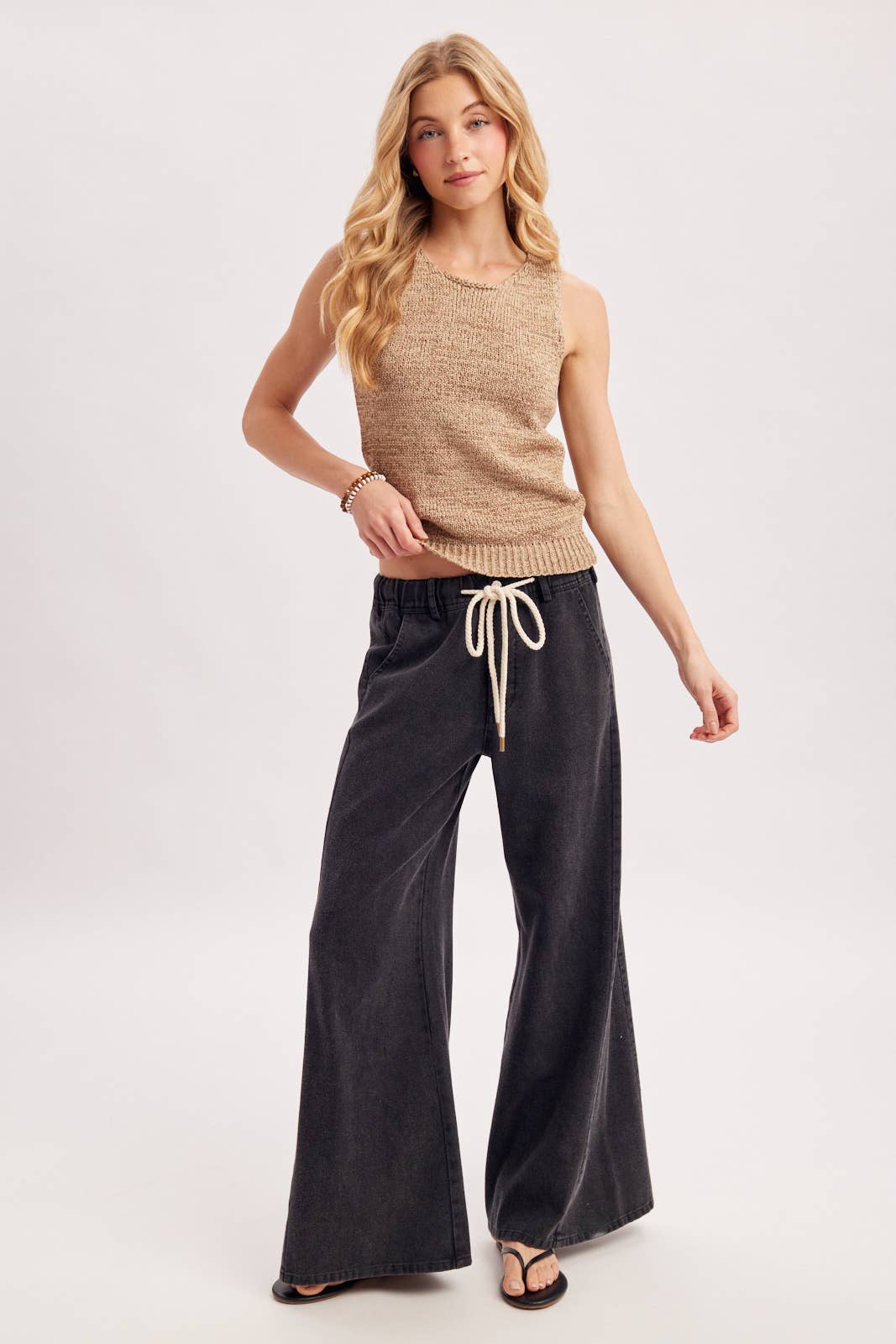 Black Washed Mid-Rise Flare Knit Pants