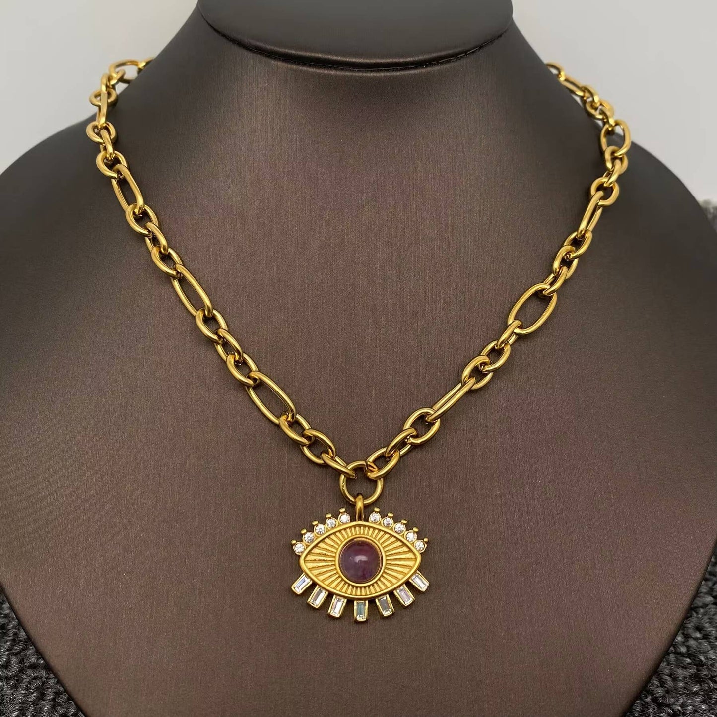 Amethyst & CZ Evil Eye Charm 18K Golden Necklace
