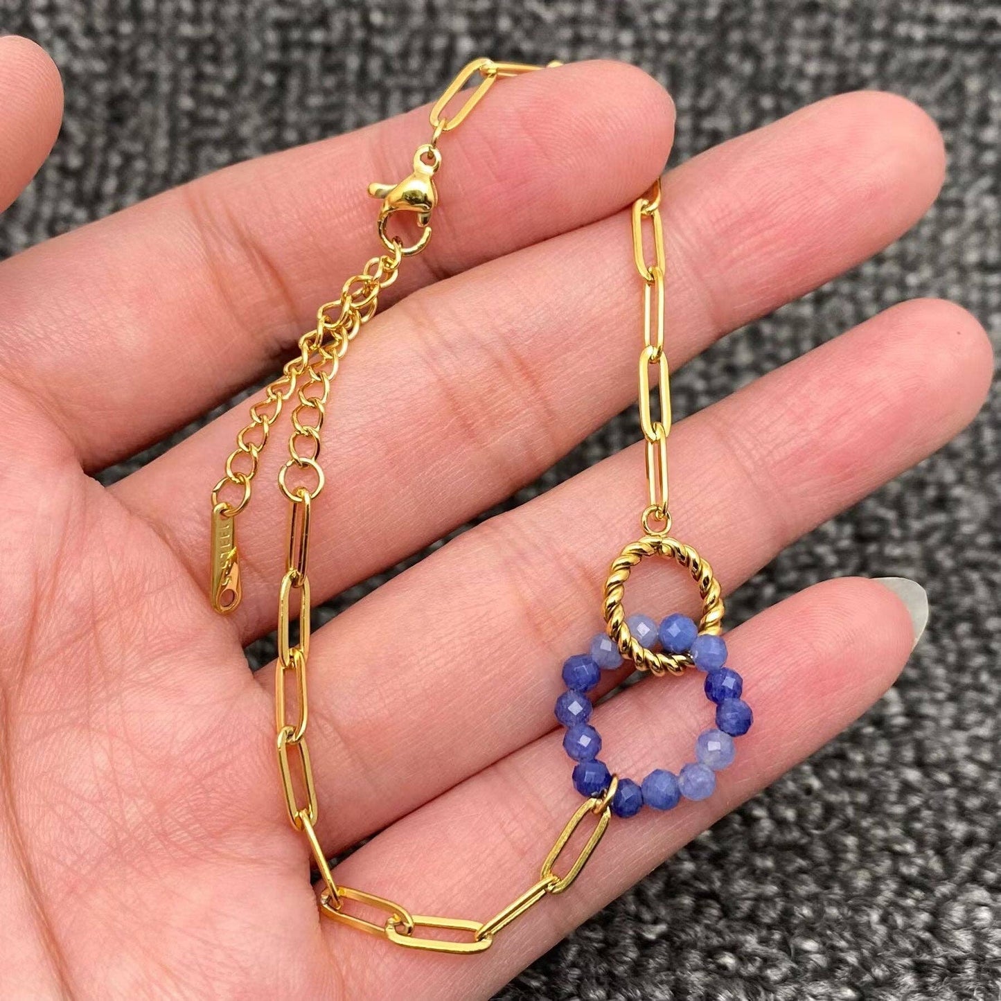Stone Beaded Ring Linkded 18K Gold Plated Bracelet