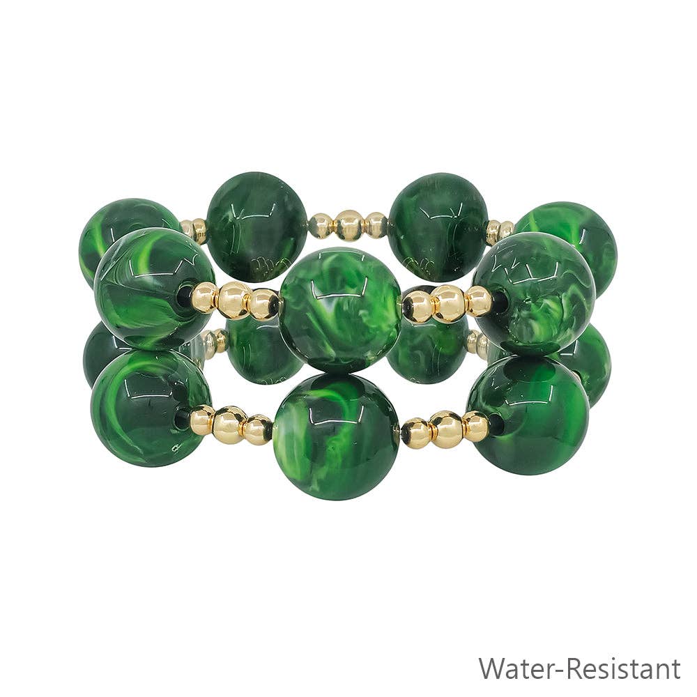 Water Resistant Gold Beaded with Large Emerald Green Bracelet