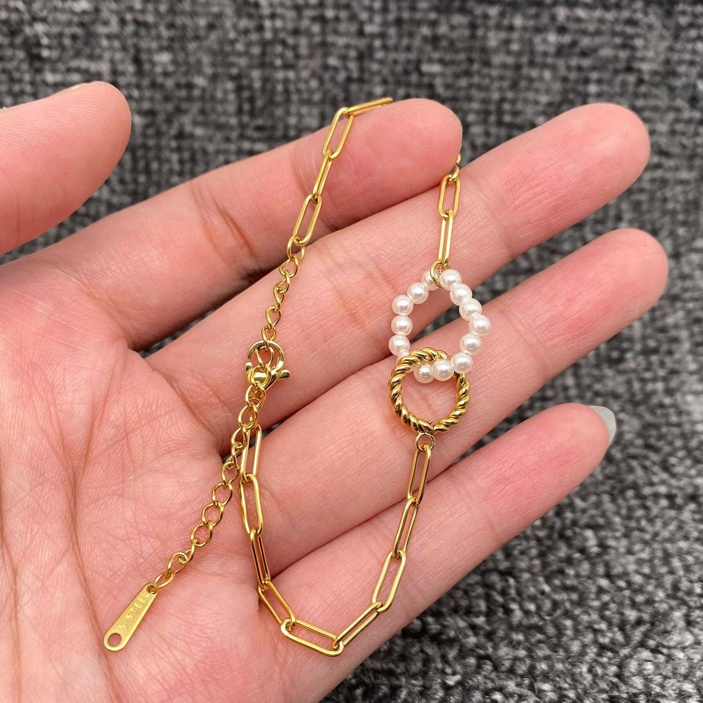 Stone Beaded Ring Linkded 18K Gold Plated Bracelet