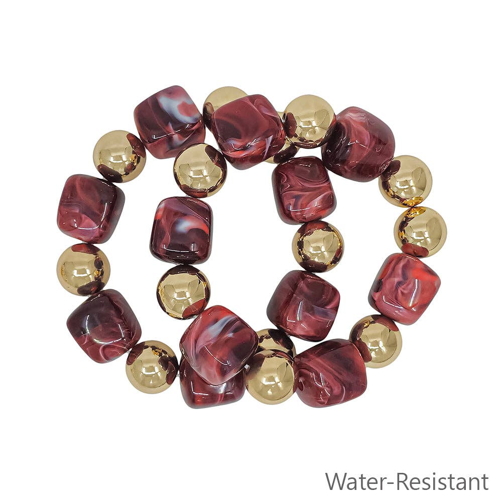 Water Resistant Gold and Maroon Stretch Bracelets