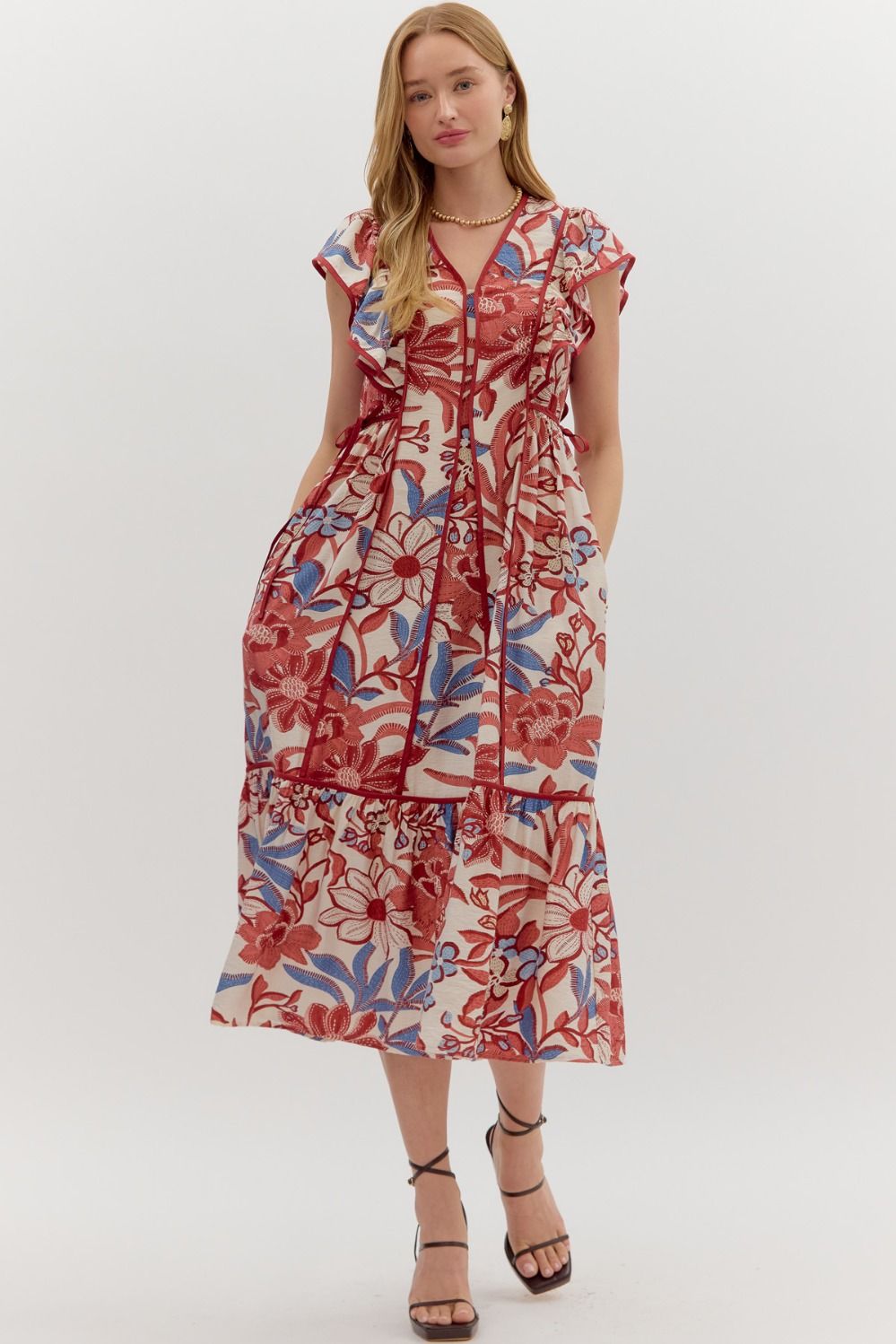 Red/Blue Long Midi Dress w/Ties