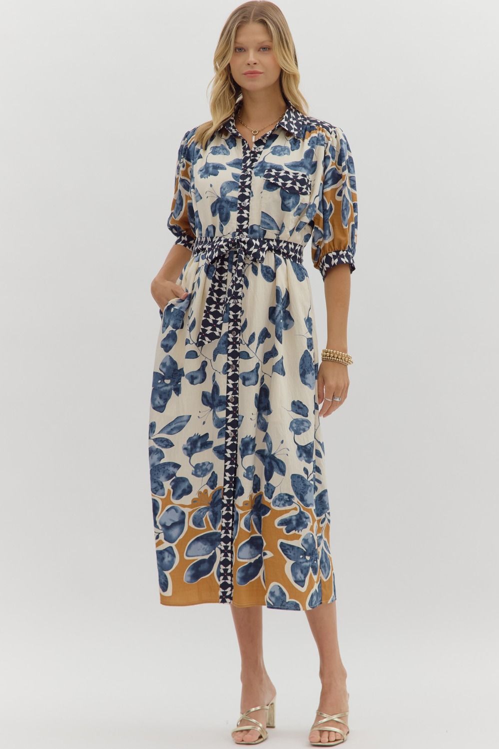 Gold/Navy Flower Midi Dress