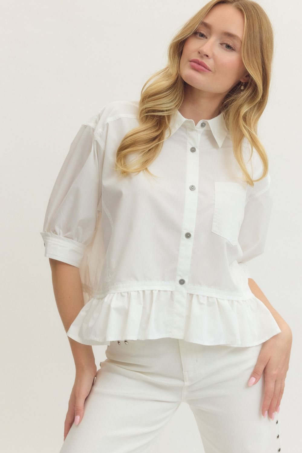 Off White Ruffle Hem Blouse