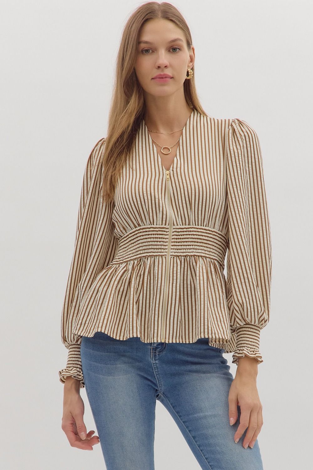 Caramel Stripe Zip Down LS Top