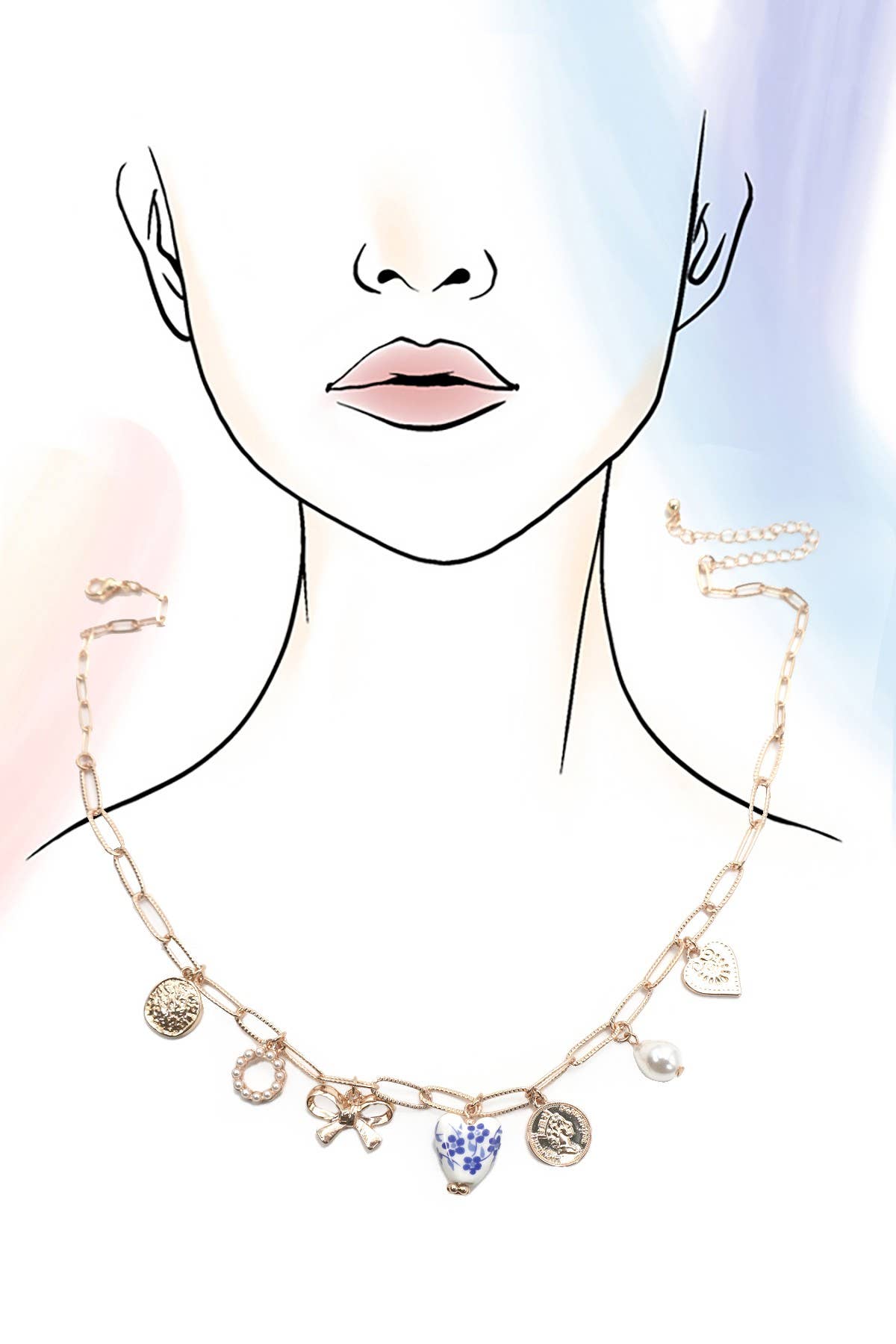 Blue Porcelain Heart & Bow Charm Necklace