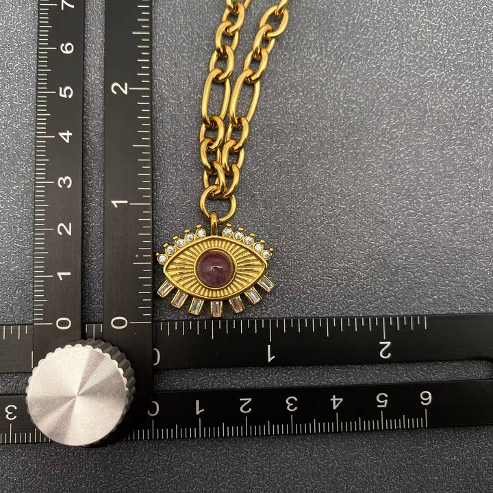 Amethyst &amp; CZ Evil Eye Charm 18K Golden Necklace