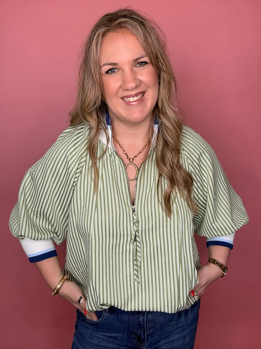 Sage Stripe Blouse w/Navy