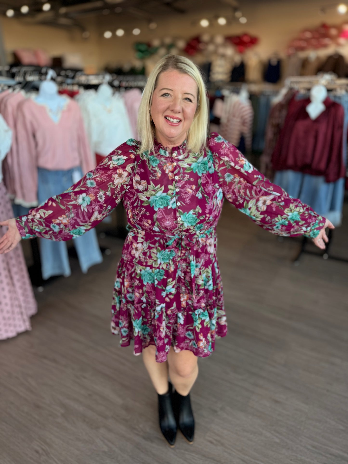 Plum Long Sleeve Flower Mini Dress