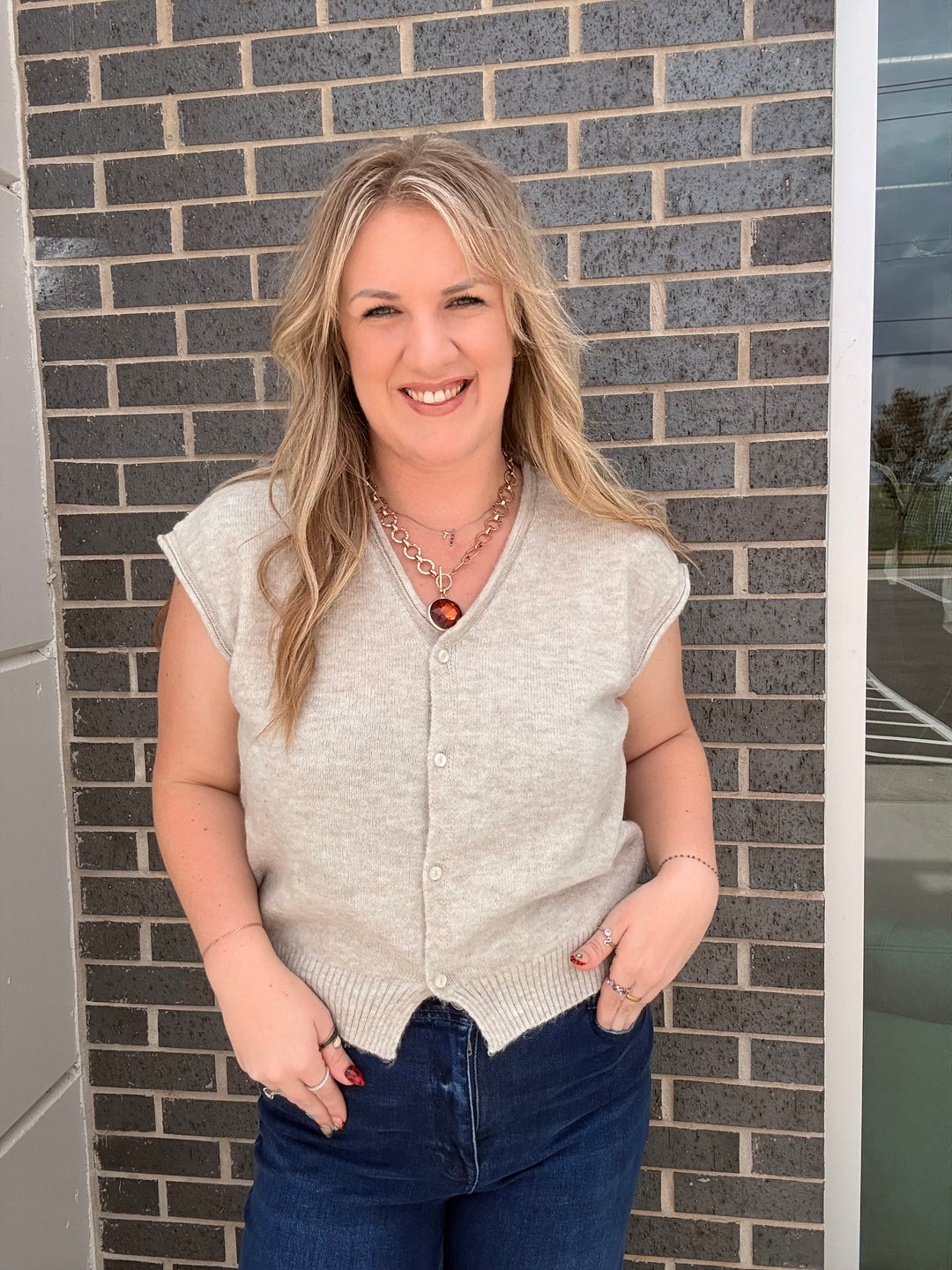 Oatmilk V-neck Knit Top