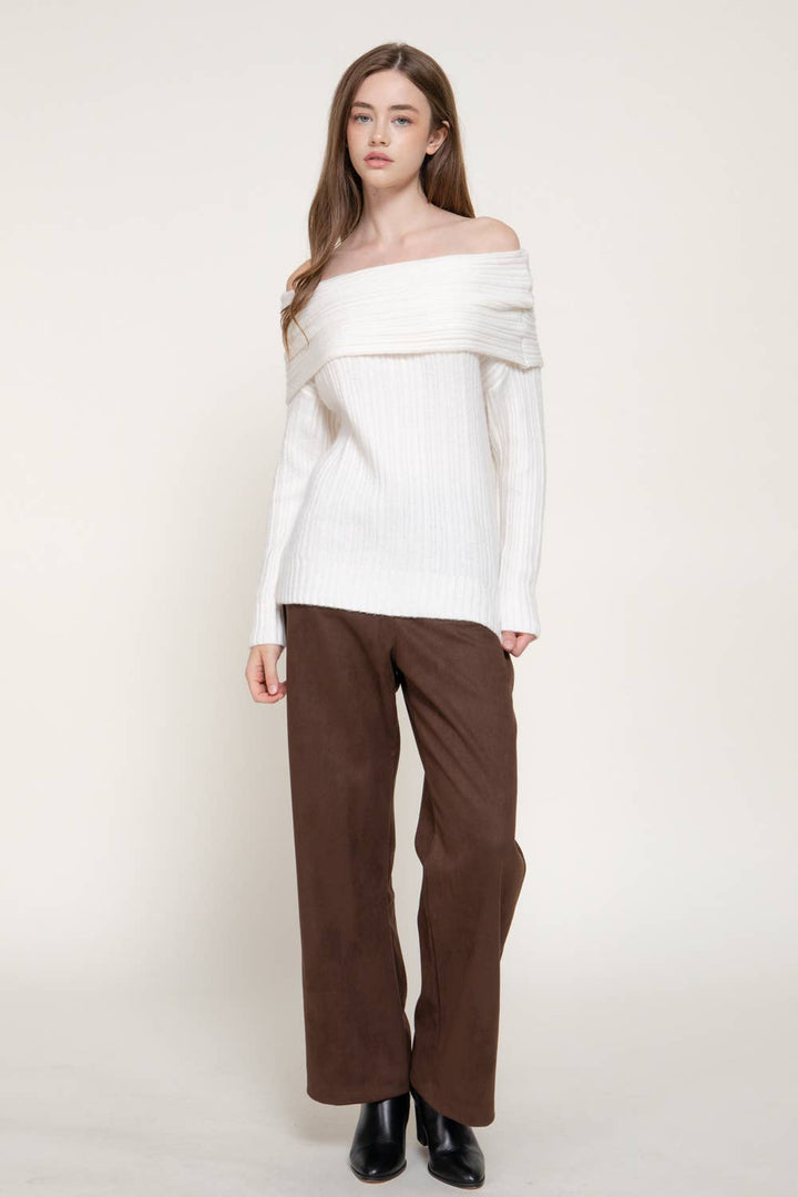 White Off The Shoulder Ribbed Sweater