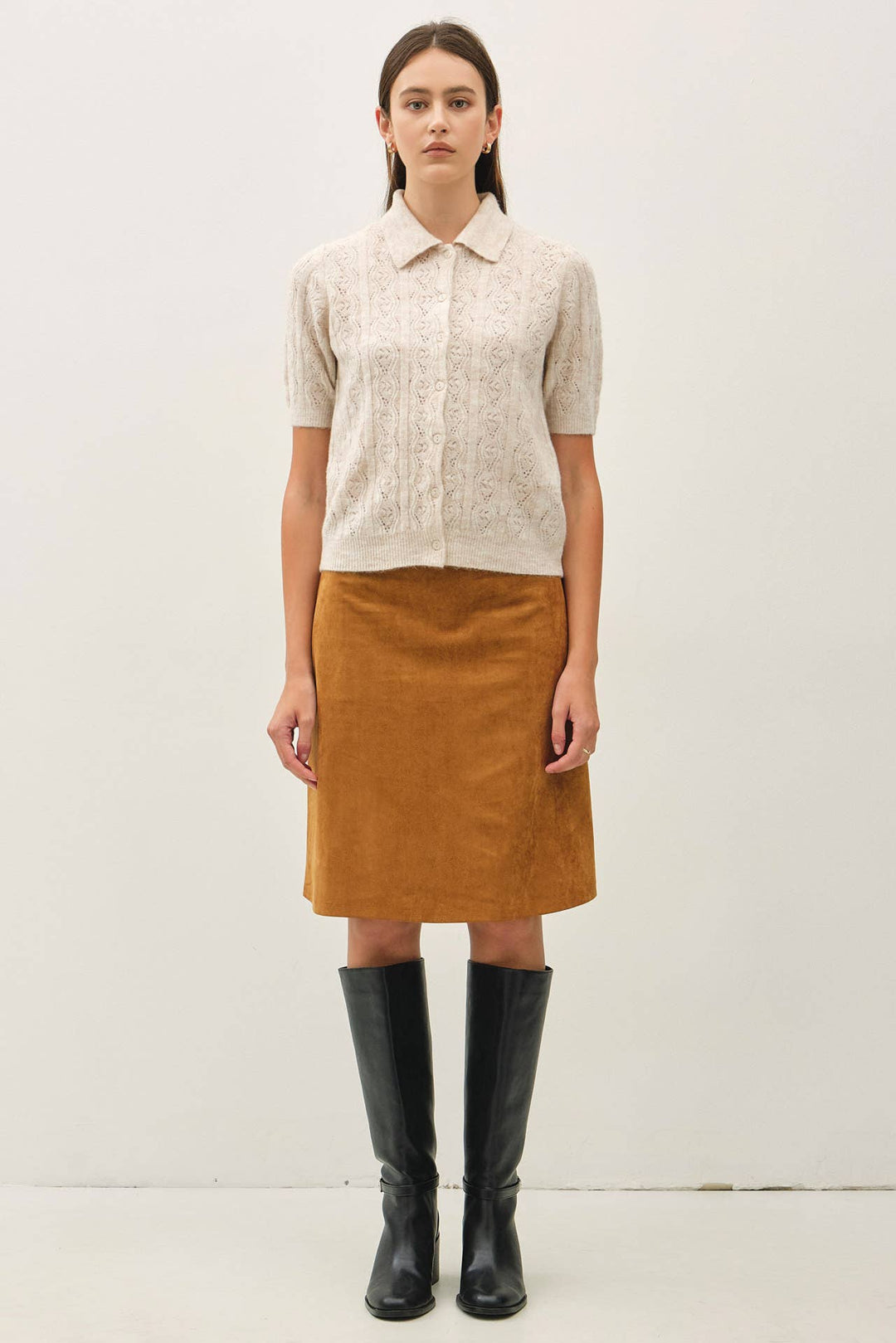 FAUX SUEDE  KNEE LENGTH A-LINE SKIRT: WINE / L