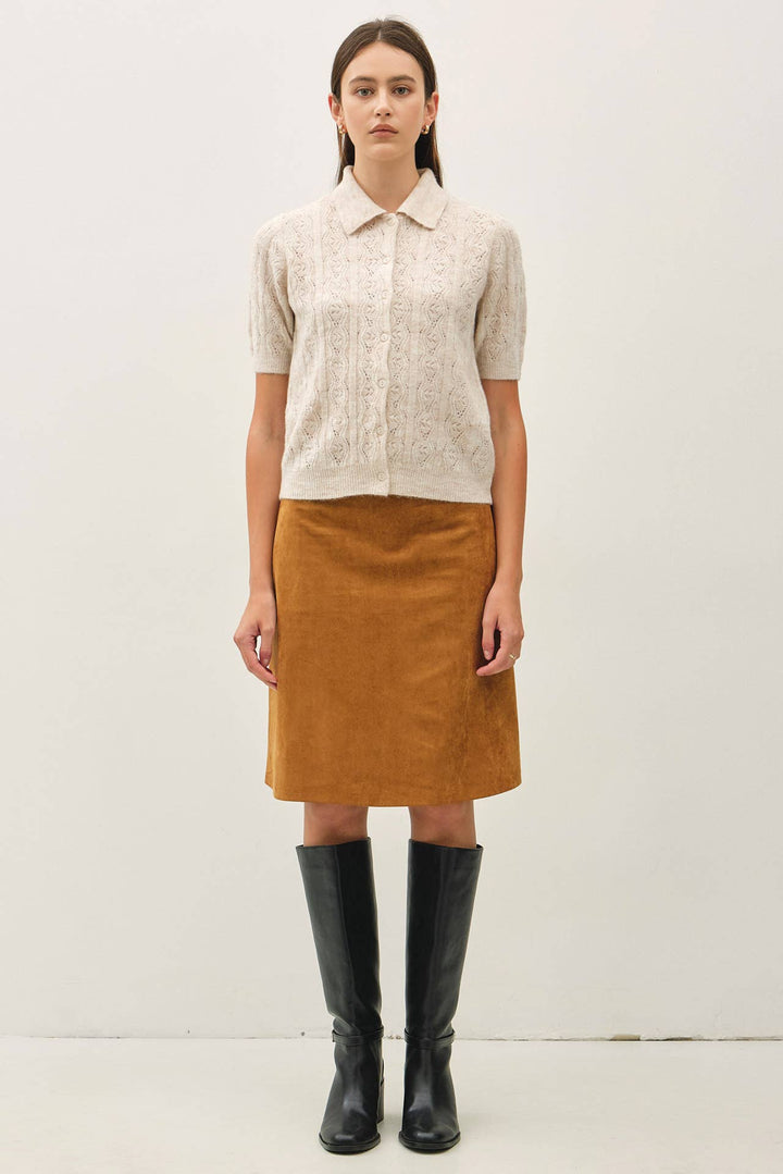 FAUX SUEDE  KNEE LENGTH A-LINE SKIRT: WINE / L