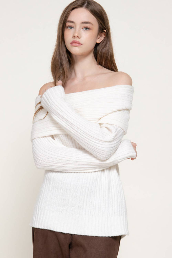 White Off The Shoulder Ribbed Sweater