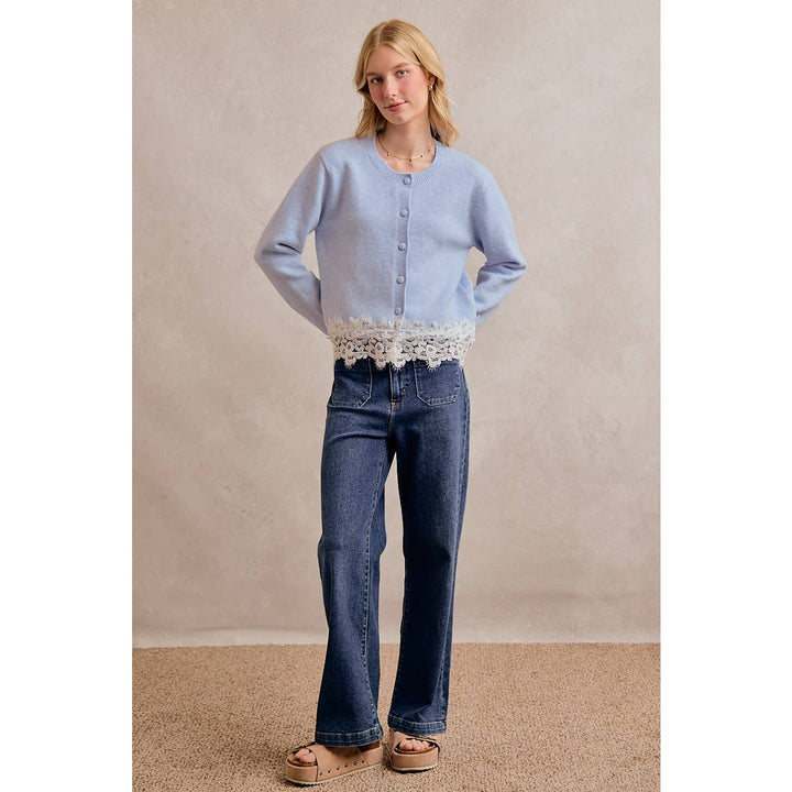 BUTTON DOWN LONG SLEEVE KNIT CARDIGAN WITH LACE TRIM: BLUE / M