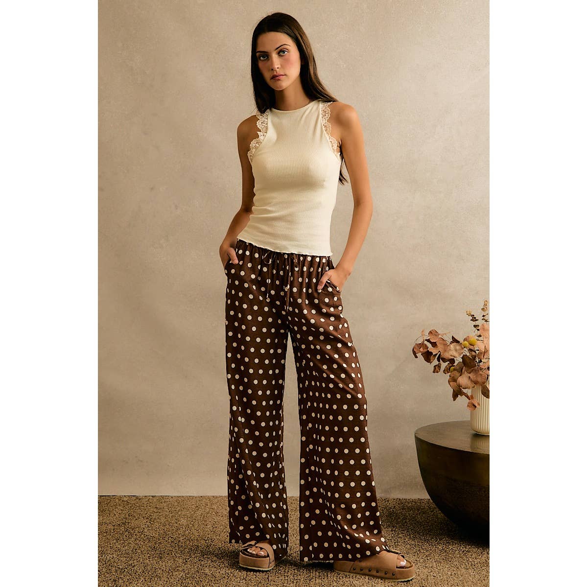 POLKA DOT WAIST ELASTIC WIDE PANTS: BROWN/WHITE / S