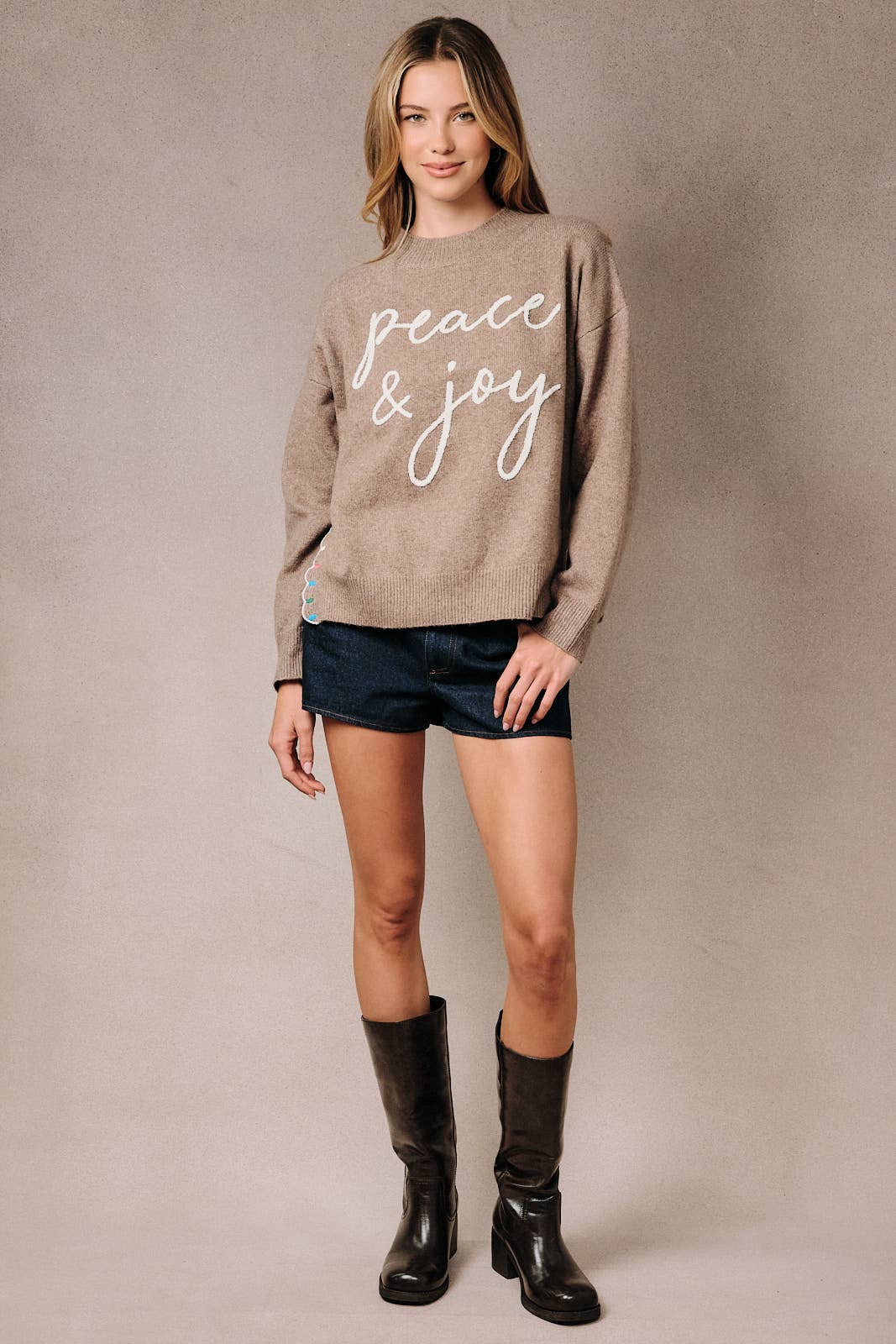 Mock Neck Long Sleeve Peace &amp; Joy Novelty Knit Sweater: Blue / M