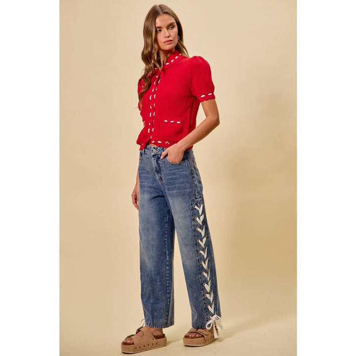 Mid Rise Straight Lace Up Jeans