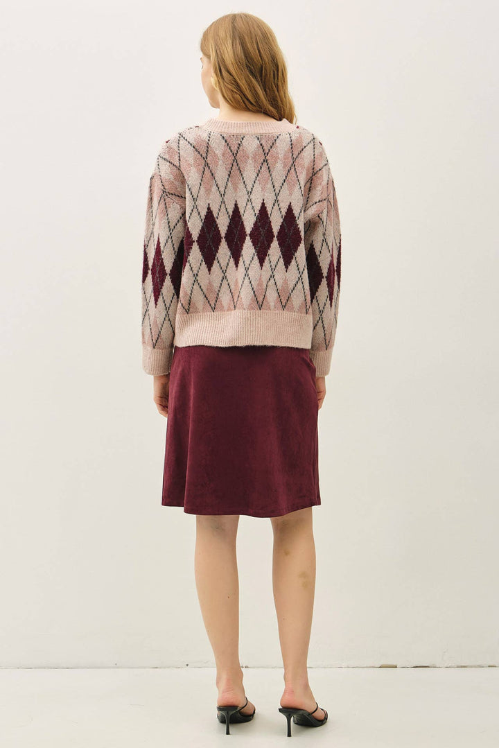 FAUX SUEDE  KNEE LENGTH A-LINE SKIRT: WINE / L