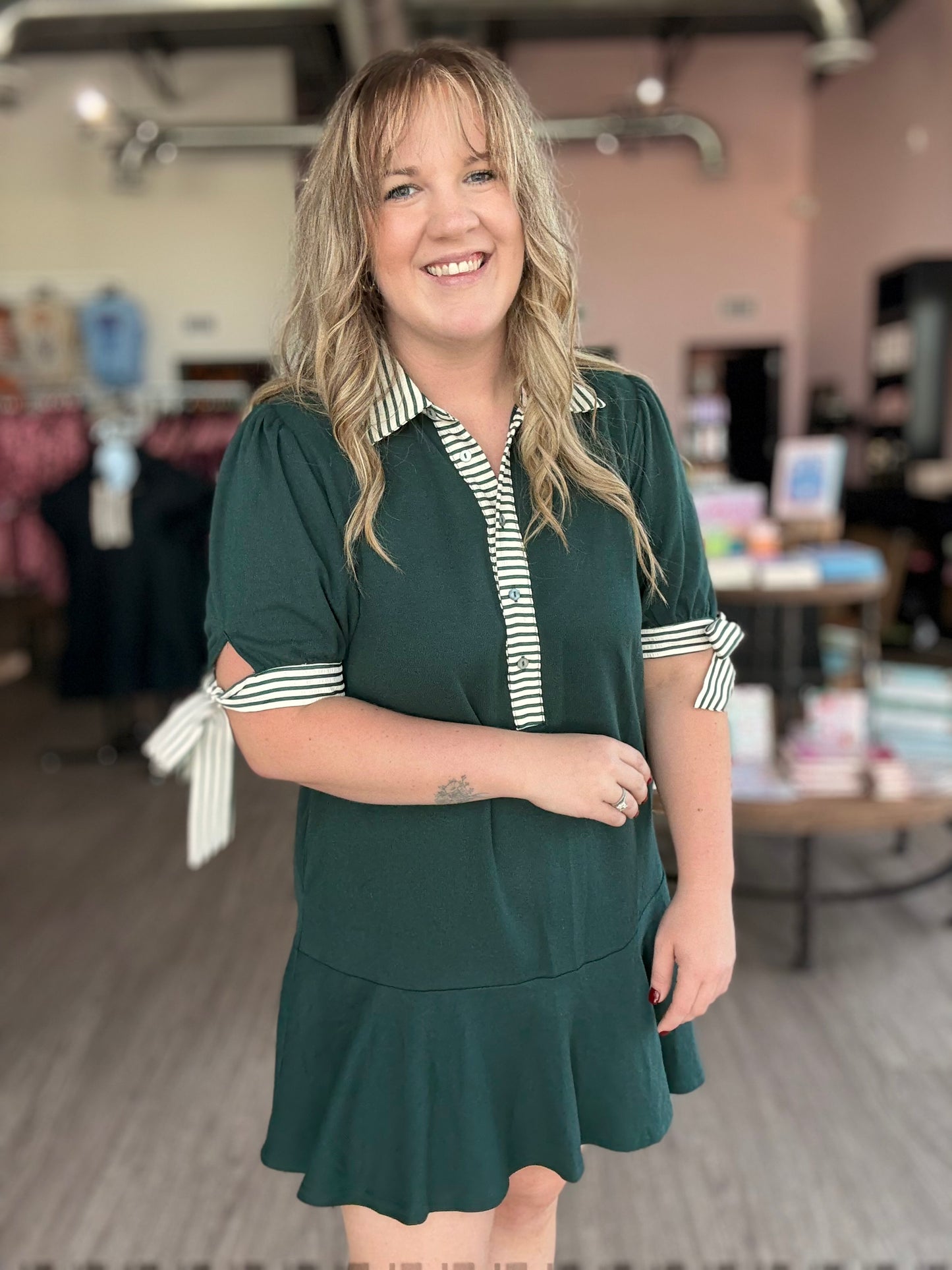 Emerald Dress w/ Stripe Tie Sleeves