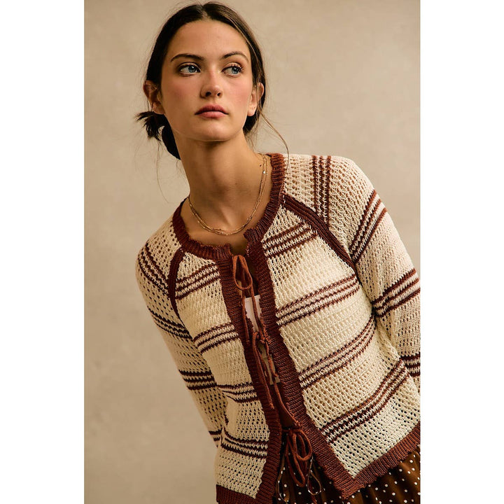 STRIPE OPEN KNIT TIE SWEATER TOP: BROWN / XL
