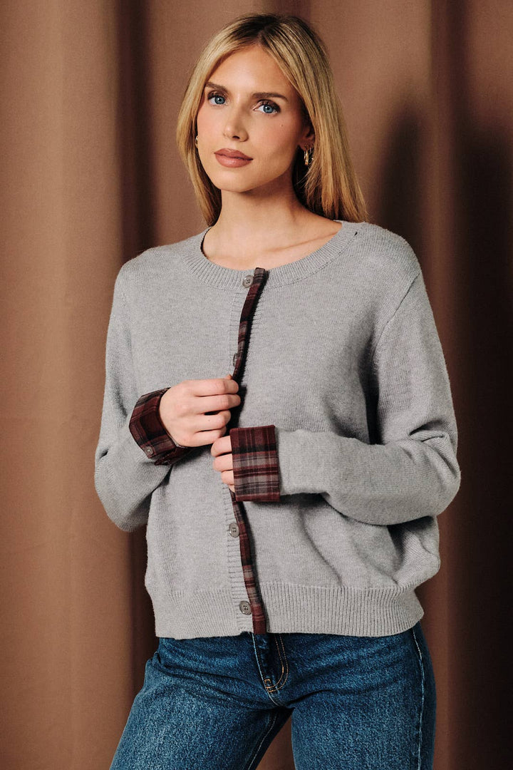Plaid Contrast Trim Crew Neck Knit Sweater Cardigan: H GREY / M
