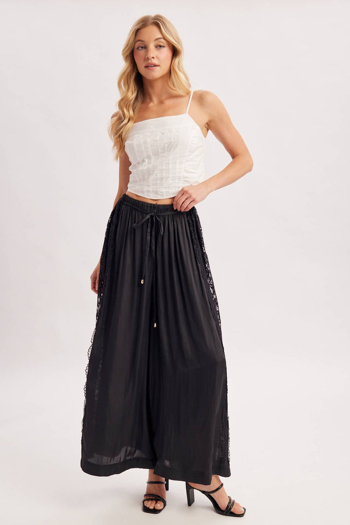 Boho Lace Trim Satin Wide Pants
