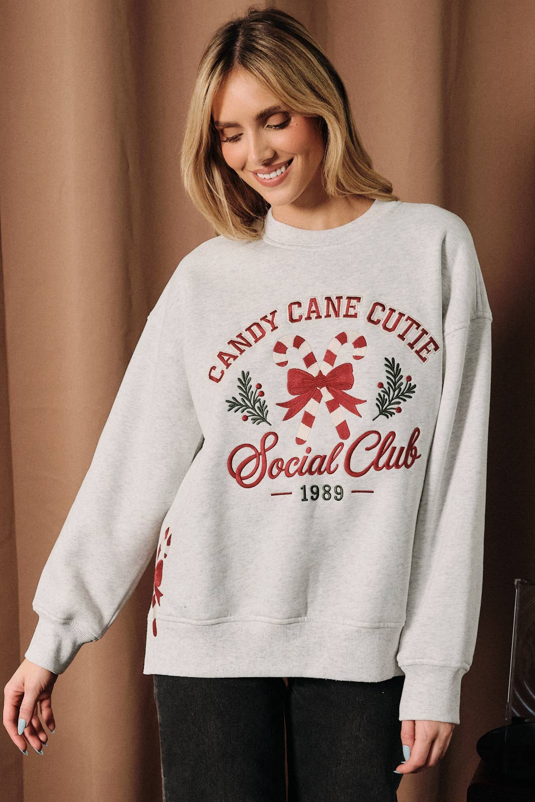 Candy Cane Cutie Embroidered Sweatshirt: MELANGE / S