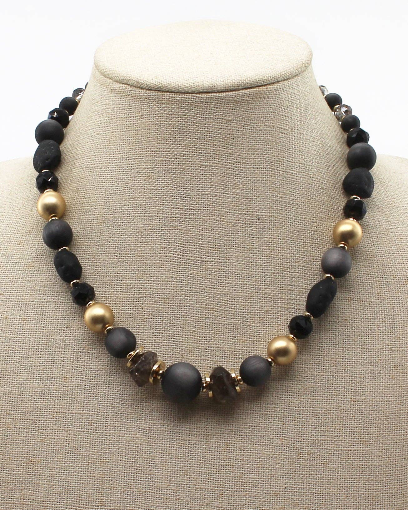Black Natural Stone and Gold Beaded Necklace