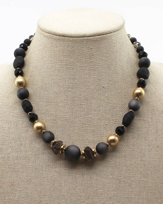 Black Natural Stone and Gold Beaded Necklace