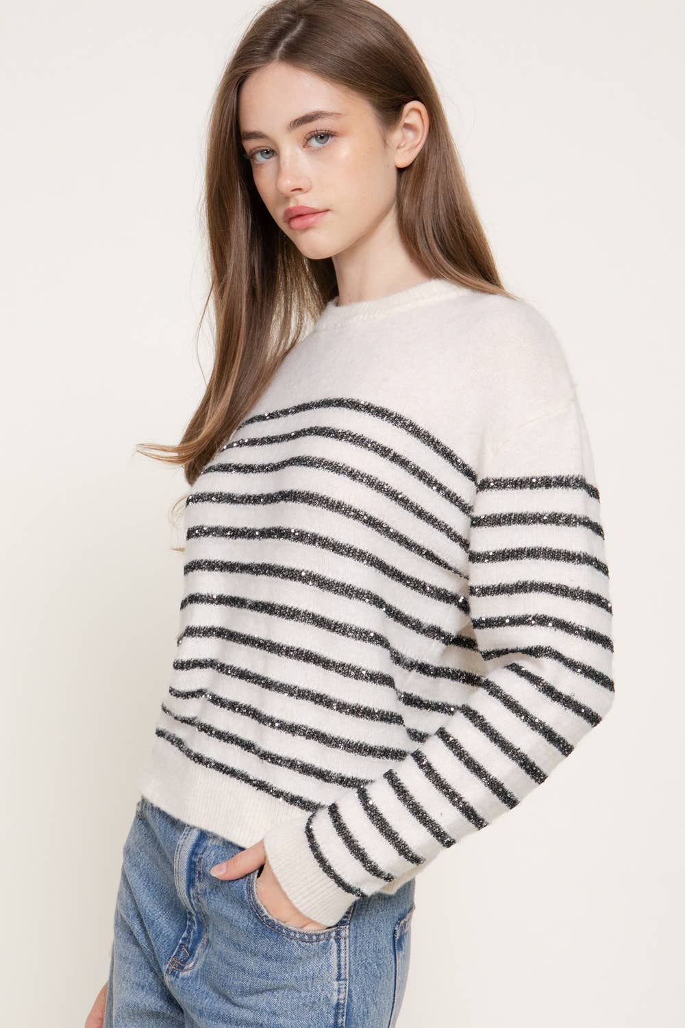 Sequin Stripe Crewneck Sweater