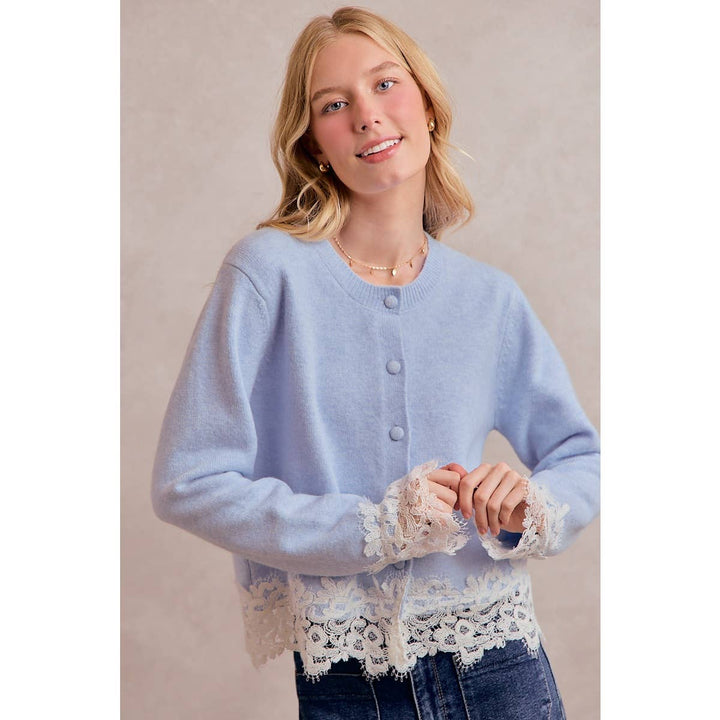 BUTTON DOWN LONG SLEEVE KNIT CARDIGAN WITH LACE TRIM: BLUE / XL