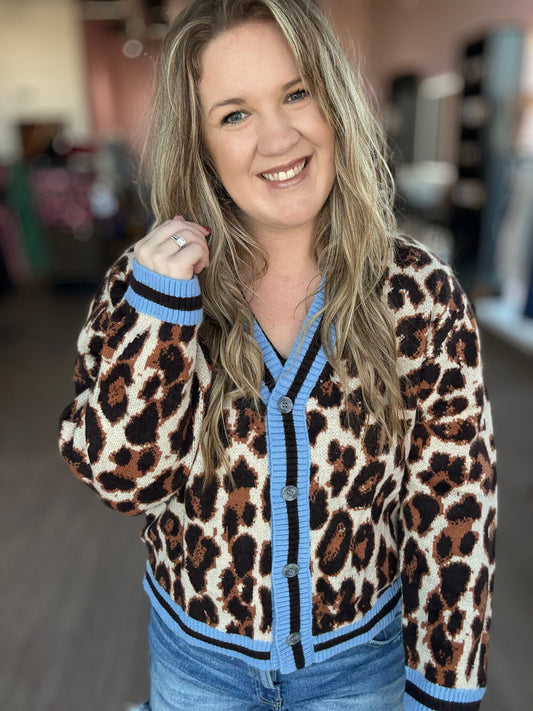 Leopard Cardigan w/Blue Accent