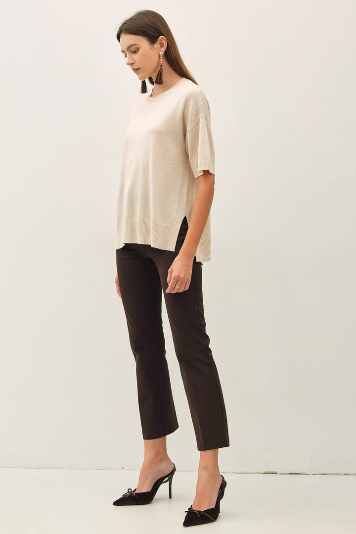 WOOL BLENED BOXY FIT SHORT SLEEVE SWEATER TOP : OATMEAL / L
