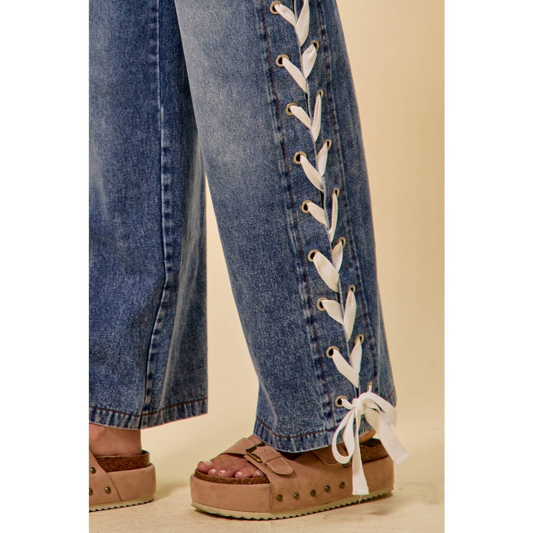 Mid Rise Straight Lace Up Jeans