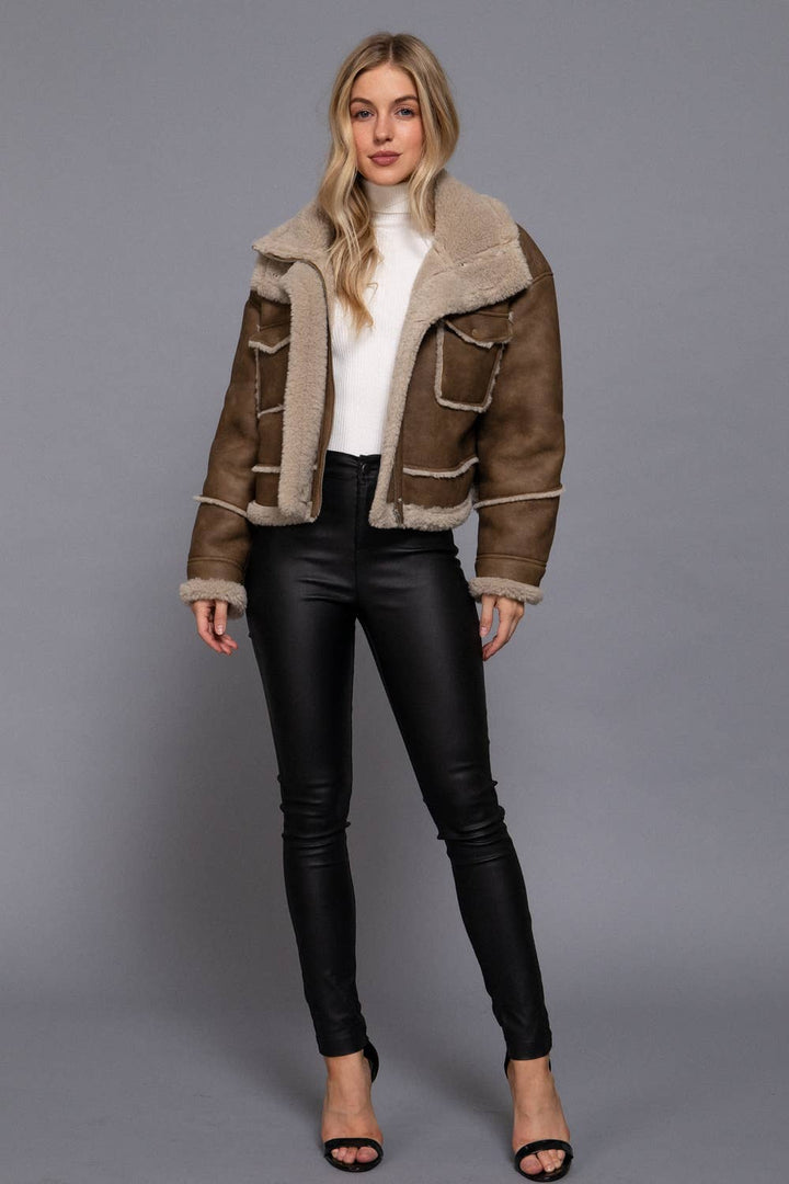 Chestnut Faux Leather Fur Trim Jacket