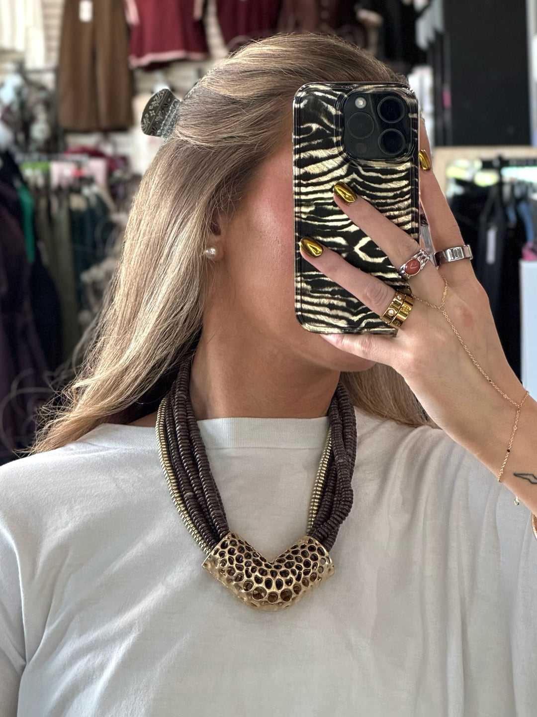 Dark Brown Metal Bead Pendant Multi Strand Necklace