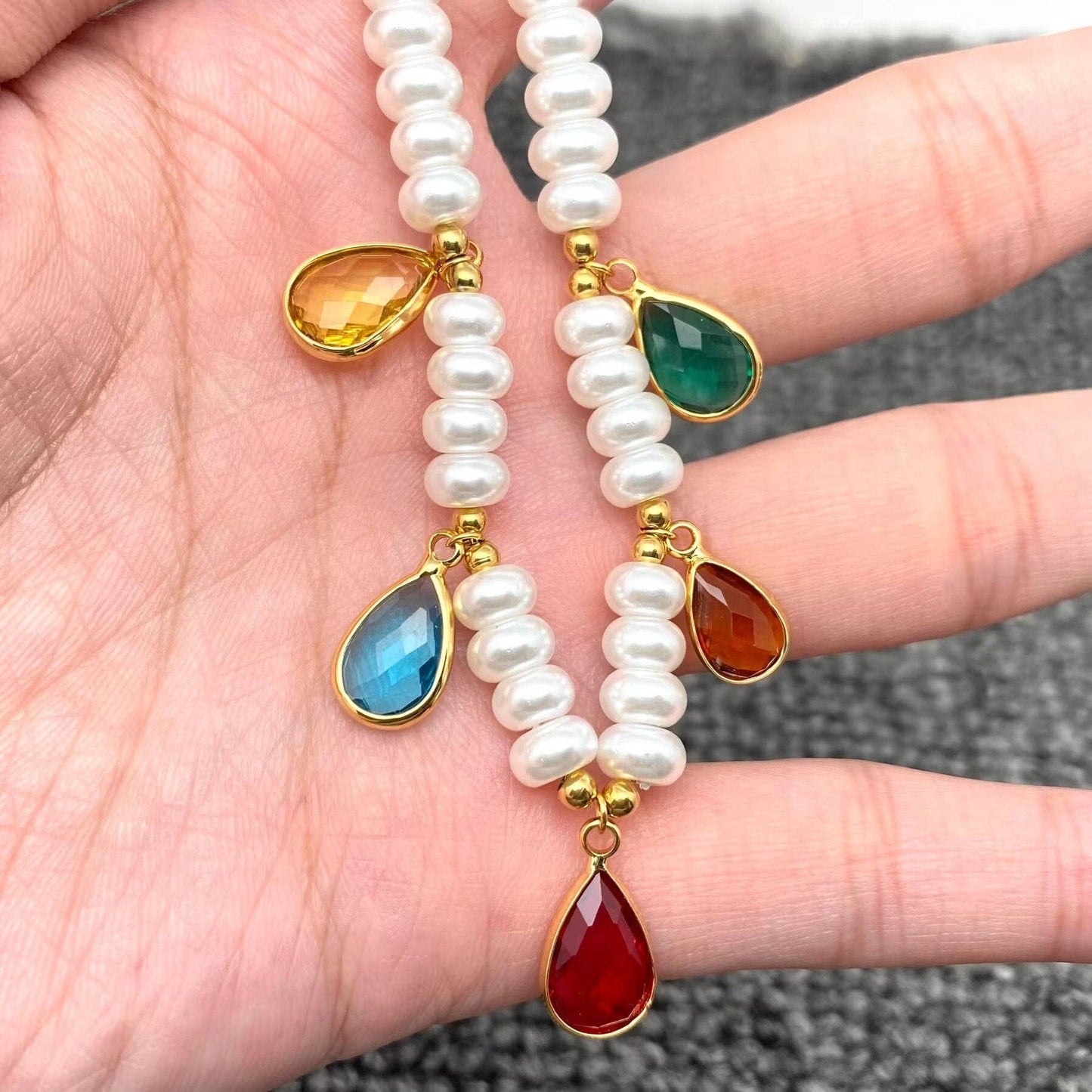 Teardrop Crystal Charm Pearl Beaded 18K Golden Necklace