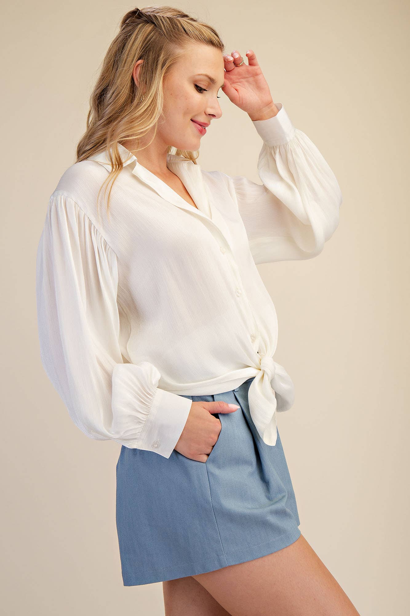 White Tie Front Collared Shirt