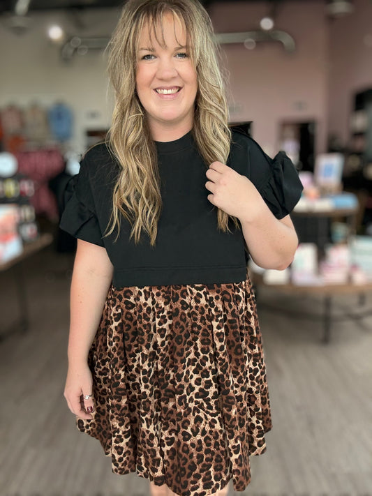 Black Colorblock Leopard Dress