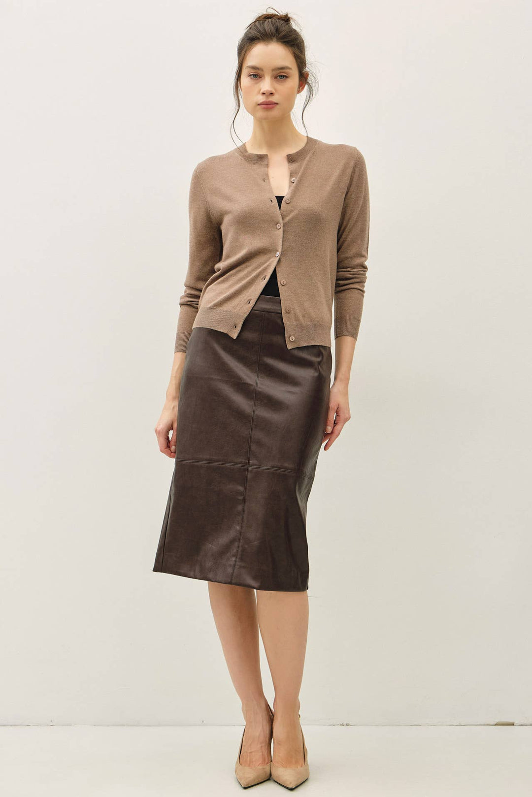 FAUX LEATHER KNEE LENGTH PENCIL SKIRT : Brown / L
