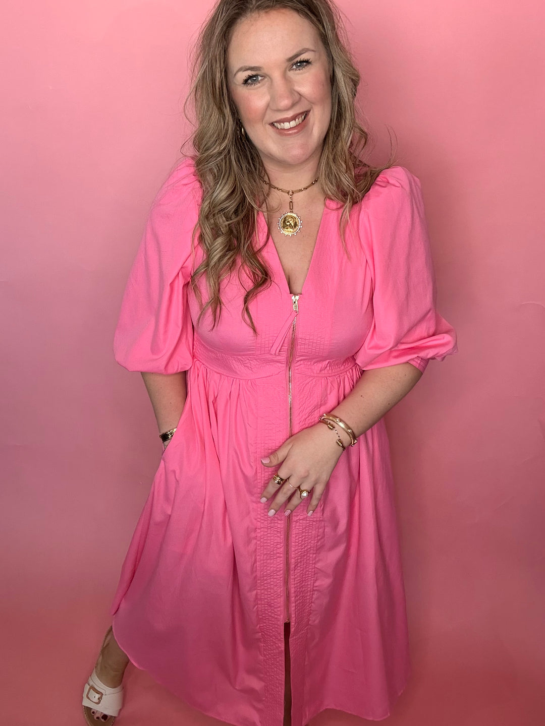 Pink Midi Dress w/Smock Waist